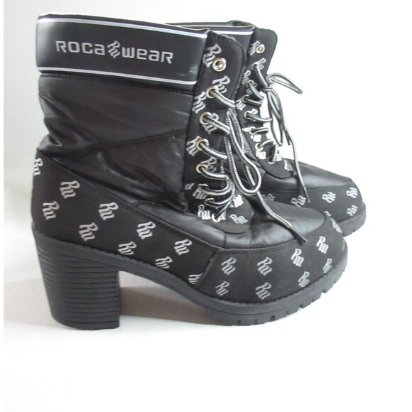 Rocawear Womens Combat Boots Black White Signature Ankle Block Heel Lace Up 9 - Picture 1 of 8